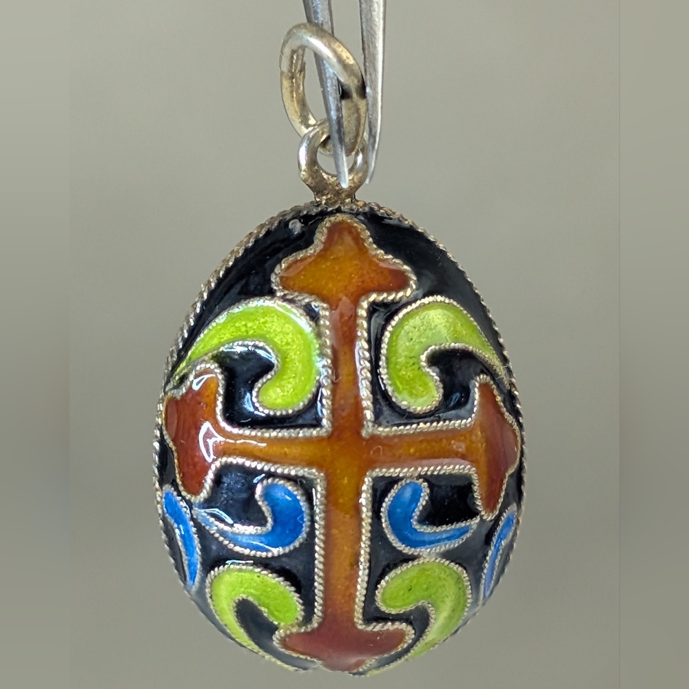 SOLD SOLD 20mm Sterling Silver Chinese Cloisonne Enamel Cross Egg Charm Pendant